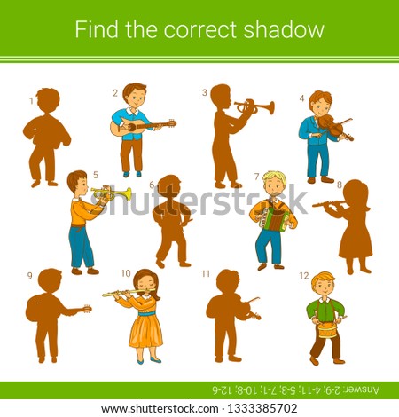 Find the correct shadow.Children educational game. Children playing musical instruments. 