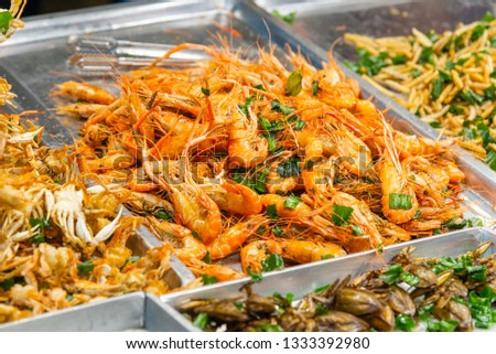 Close up of Fried food -  fried shrimp at street food market