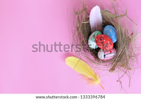 Happy Easter eggs bunny cartoon on pink background
