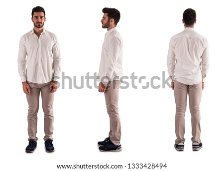 Three views of handsome bearded young man: back, front and profile shot, isolated on white background Royalty-Free Stock Photo #1333428494