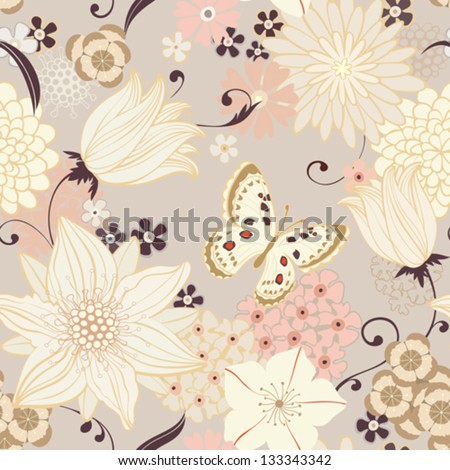 Floral seamless background with lily and butterfly. Vector pattern