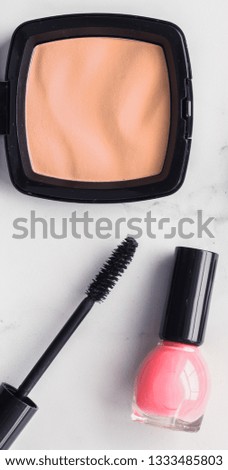 Modern feminine lifestyle, blog background and styled stock concept. Beauty and  fashion inspiration - Make-up and cosmetics flatlay on marble