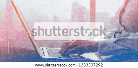 Businesswoman connecting online with her laptop in the office, user interface flowchart with business and financial icons, blank copy space