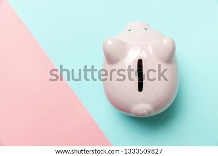 Saving investment budget wealth retirement financial money banking concept. Pink piggy bank isolated on blue and pink pastel colorful trendy geometric background. Flat lay top view copy space