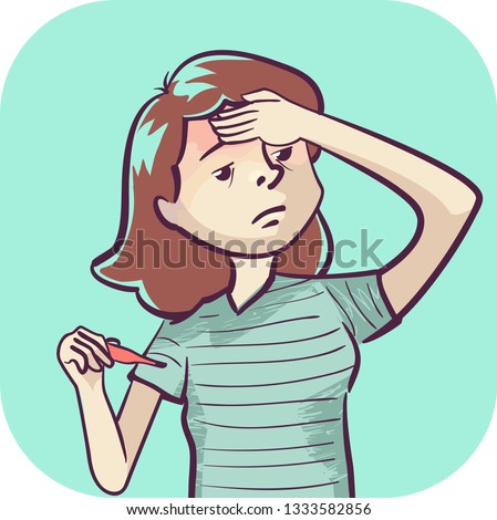 Illustration of a Girl Holding Thermometer and Feeling Her Forehead, Fever