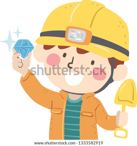 Illustration of a Kid Boy Wearing Miner Hat and Holding a Shovel and a Big Sparkling Diamond