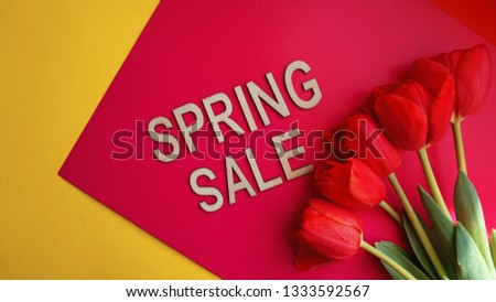 Spring sale banner with pink tulips on colorful background