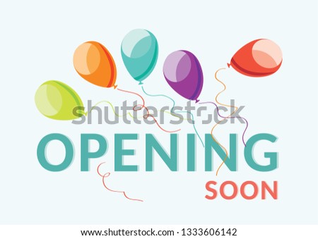 Opening soon is a bright original logo with colored transparent festive balloons on a light background. Vector illustration - vector