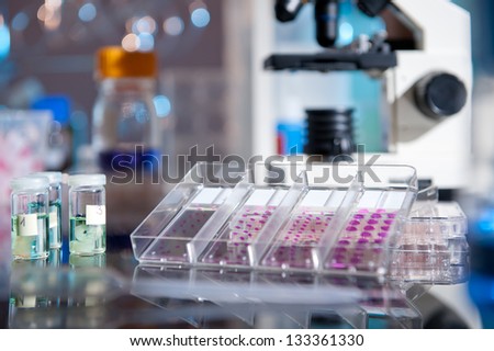 Plastic tray of histological tissue samples next to a microscope Royalty-Free Stock Photo #133361330