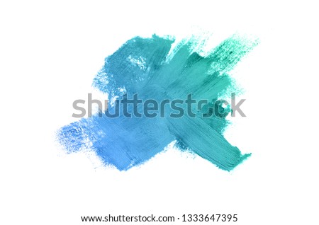 Smear and texture of lipstick or acrylic paint isolated on white background. Stroke of lipgloss or liquid nail polish swatch smudge sample. Element for beauty cosmetic design. Turquoise blue color