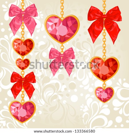 Shiny ruby heart pendants hanging on golden chains with colorful bows on floral background