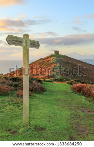 Footpath with Signage, leading to Ruined Chapel on the Rame Head Peninsula, South East Cornwall, UK