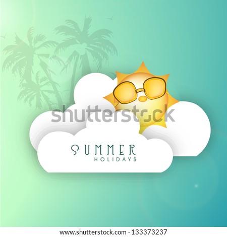 Summer background with cartoonish sun wearing goggles, clouds and palm trees.
