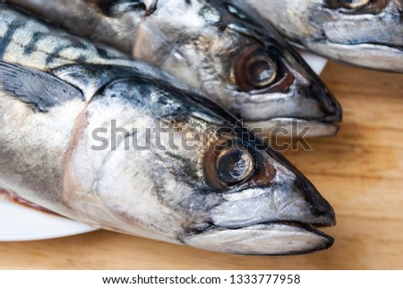 Three mackerels on a wooden Board. Heads. Macro picture.