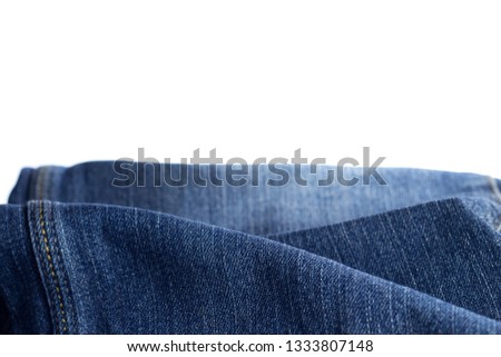Blue jeans material fabric fashion with copy space, white background