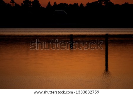Van driving on road behind bay of water where golden sunset is reflected with silhouette of trees in background - California