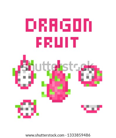 Set of 8 bit pixel art pink dragon fruit (pitaya; pitahaya) symbols isolated on white background. Exotic tropical fruit icon. 