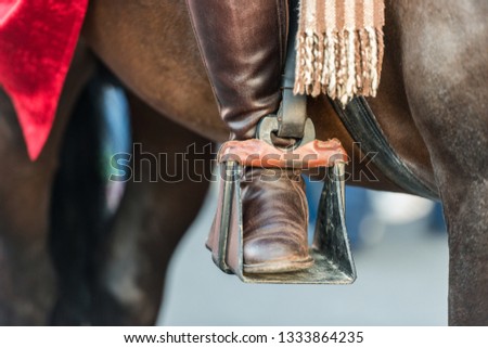 The foot of a rider on the stirrup of a horse during the celebration of St. George and the dragon in Caceres, Extremadura, Spain.