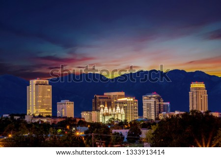 Skyline of Salt Lake City in the early morning before sunrise