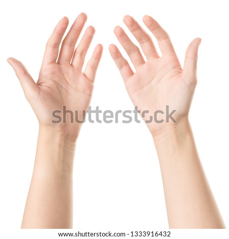 two female hands, palms up on a white background 