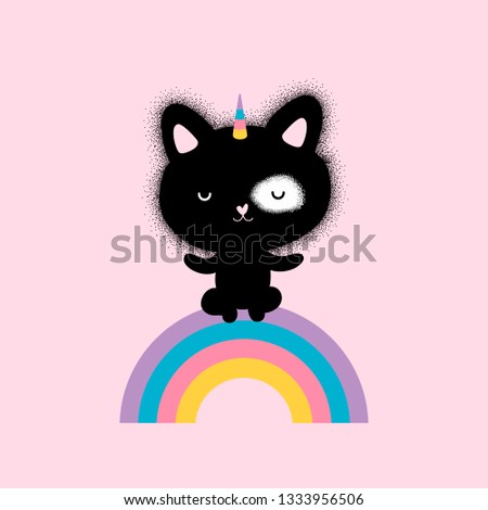 Cute kitty unicorn. Cat unicorn and rainbow illustration. Good morning. Hand drawn vector character. Animal flat clipart. Cartoon for kids game, book, t-shirt, cards, print, textile, poster