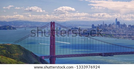 Aerial view of the Golden Gate bridge with downtown San Francisco in the background on a sunny day
