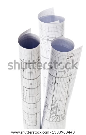 Rolls of architectural blueprint house building plans isolated on white background