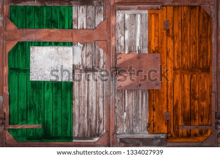 Close-up of old warehouse gate with national flag of ireland. The concept of export-import Ireland, storage of goods and national delivery of goods. Flag in grunge style