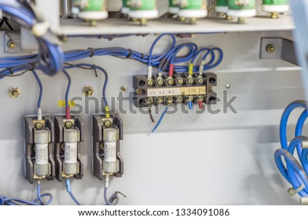 Background view of wiring harness, electronic tools with blue color (elevator power cable, car assembly machine)
