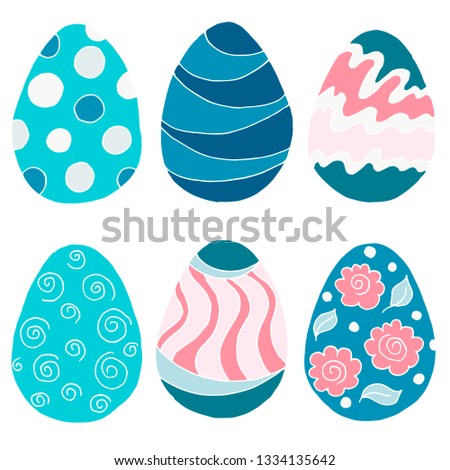 Easter illustration. Happy Easter. A set of hand drawings, Easter eggs. Collection of drawings without contour. Blue palette