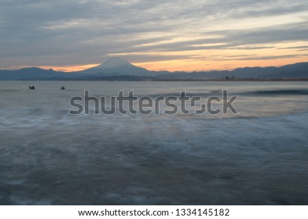 Mt Fuji and sunset view from Kugeuma Coast as famous sightseeing spot in Japan