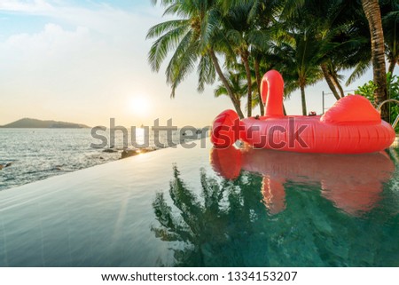  exterior swimming pool  ,floating swan  with sunset golden sky of ocean