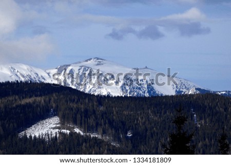 Alpine landscape with trees and snow capped mountains in Styria, Austria