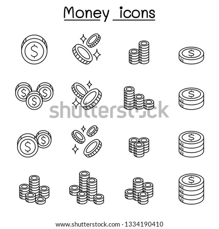 Money & coin icon set in thin line style