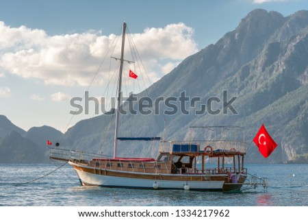 Traditional Turkish ship (Gulet) in Cirali bay on Mediterranean coast Antalya province, Turkey