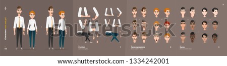 Business Clothes Style. Guy and Girl Cartoon Characters for Animation. Default Body Parts Poses with Face Emotions. Five Ethnic Styles Royalty-Free Stock Photo #1334242001