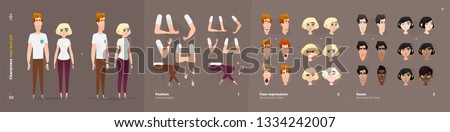 Casual Clothes Style. Guy and Girl Cartoon Characters for Animation. Default Body Parts Poses with Face Emotions. Five Ethnic Styles Royalty-Free Stock Photo #1334242007