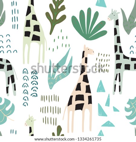 Jungle seamless pattern. Animal print with giraffe. Summer background. Vector illustration
