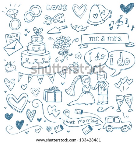 Wedding illustrations drawn in a doodled style.