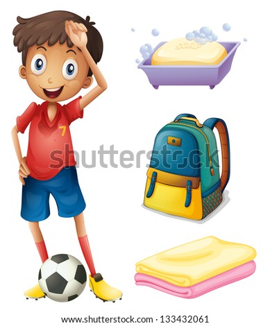 Illustration of a soccer player with his backpack and bathroom stuffs on a white backgrounds