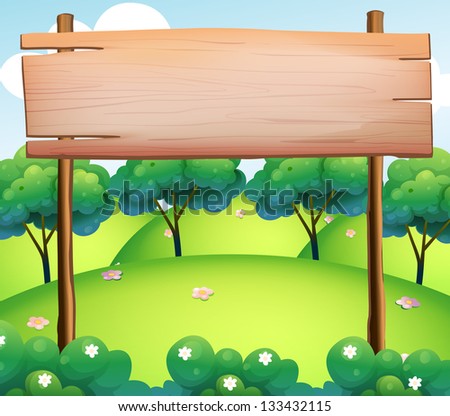 Illustration of an empty wooden board at the top of the hills