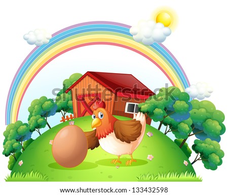 Illustration of a hen and an egg near the wooden house on a white background