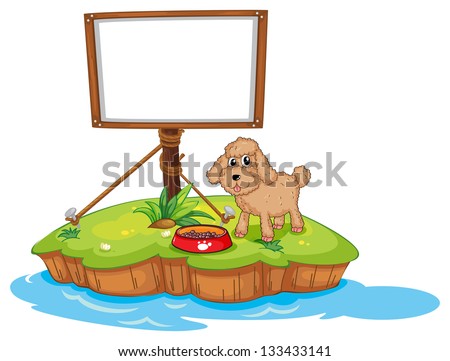 Illustration of an empty frame near a puppy on a white background