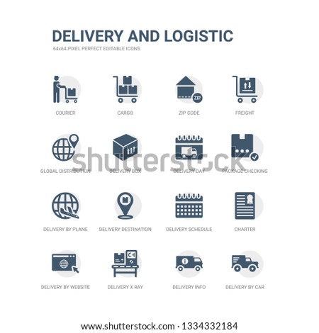 simple set of icons such as delivery by car, delivery info, delivery x ray, by website, charter, schedule, destination, by plane, package checking, day. related and logistic icons collection.
