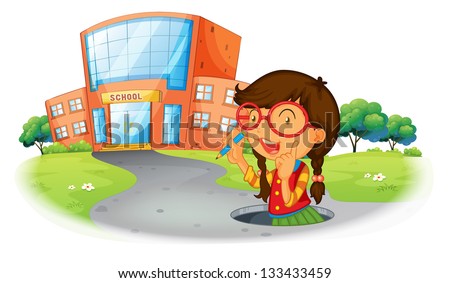 Illustration of a girl holding a pencil inside the hole at the street on a white background