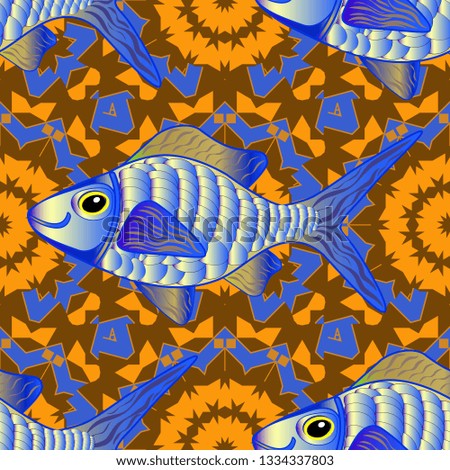 Vector illustration. Seamless cute pattern with tropical fish in brown, blue and yellow colors.