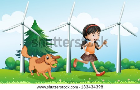 Illustration of a girl playing with her dog near the windmills