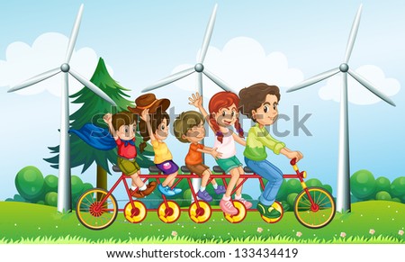 Illustration of the five kids riding at the bike near the windmills