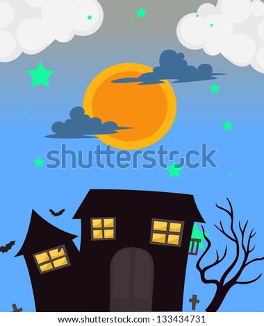 Illustration of a full moon and the haunted house
