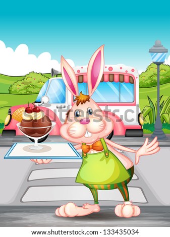 Illustration of a bunny holding a tray with ice cream